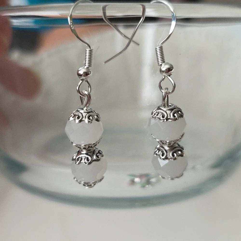 WHITE FACETED Glass Beaded Handcrafted Artisan Earrings